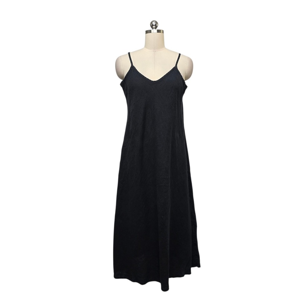 FLAX Women Black 100% Linen V-Neck Sleeveless Maxi Slip Dress Size Medium